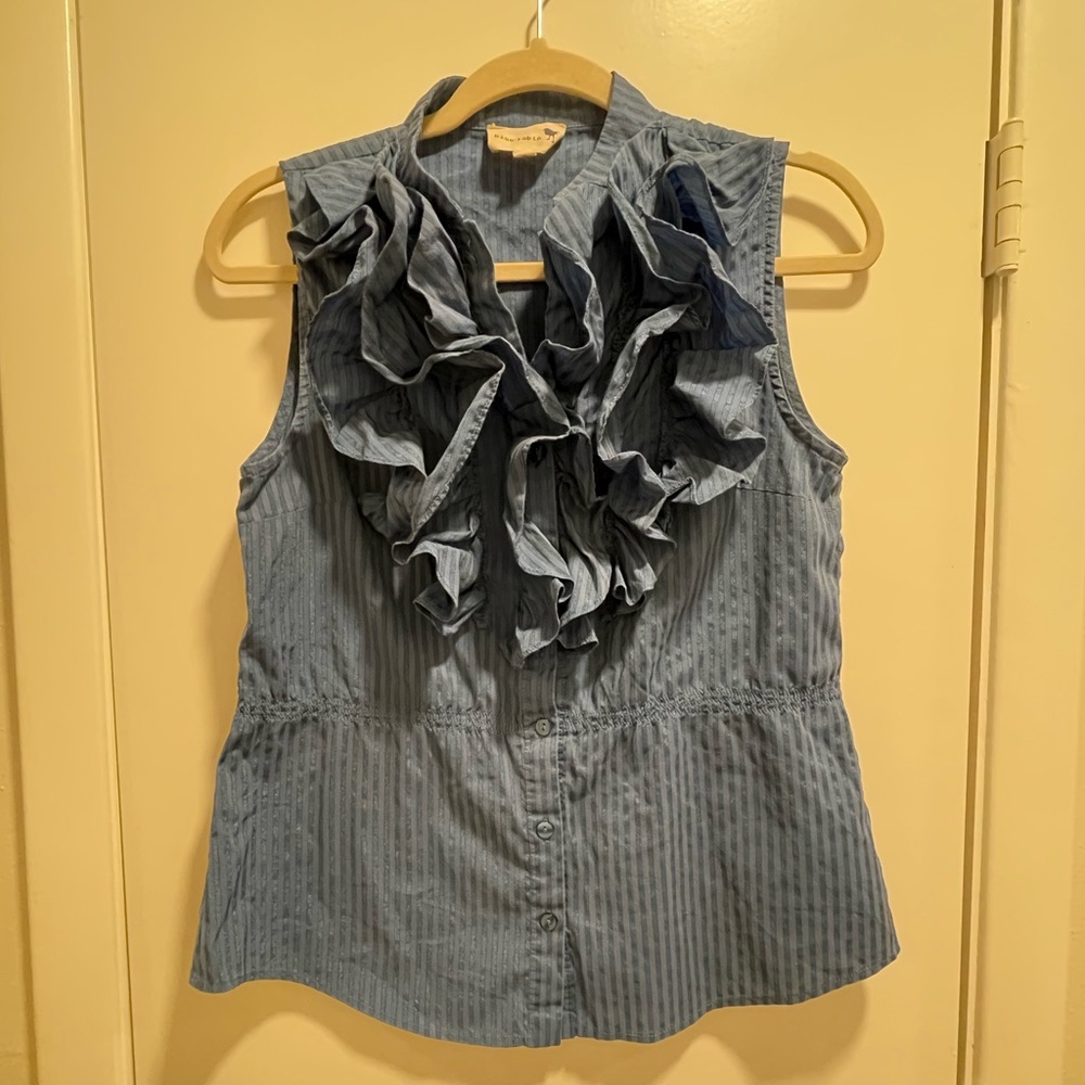 Anthropologie Blue Ruffled Sleeveless Button Down Top